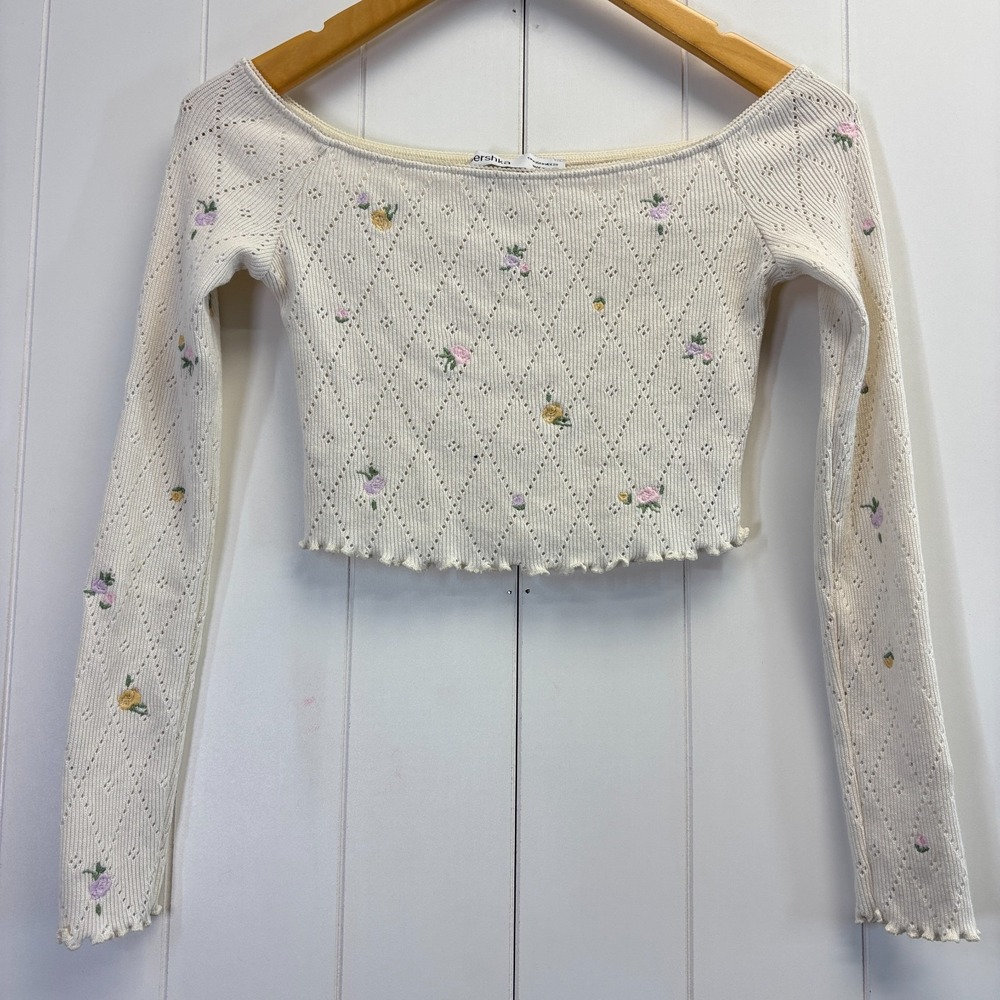 Bershka Y2K Floral Embroidered Lettuce Hem Knit Top Women Medium Indie Sleaze